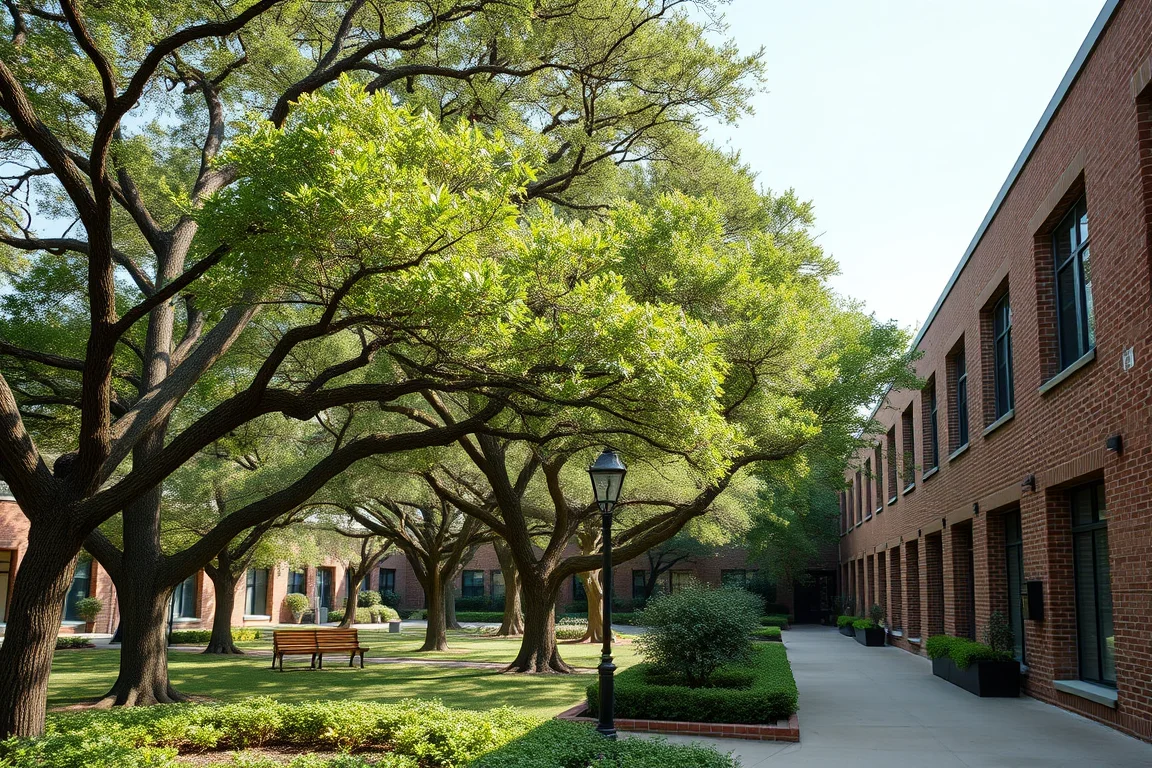 Live oak trees beside a landscaped office courtyard