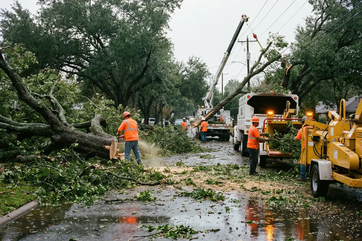 Tree workers clearing fallen limbs from a storm-damaged street