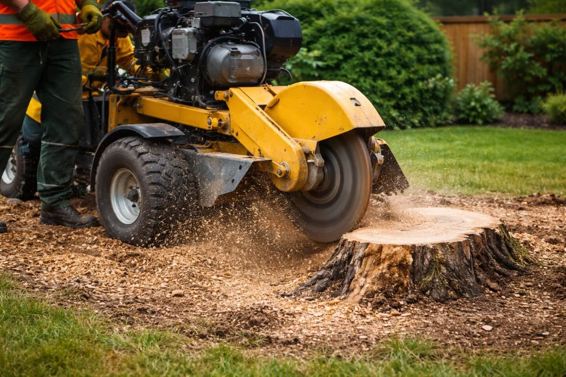 Stump grinder cutting a tree stump beside a lawn